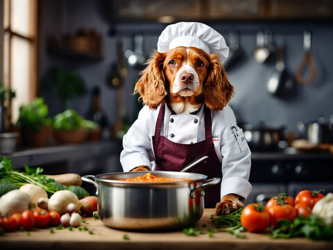dog cook spaniel kitchen, AI generated