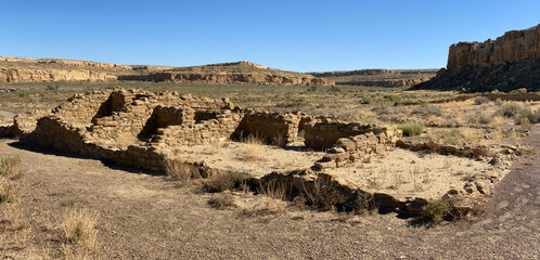 Casa Rinconada village pueblo ruin, an Ancestral Puebloan archaeological site at Chaco Culture National Historical Park in New Mexico. Chaco Canyon was a major Ancestral Puebloan culture center. 