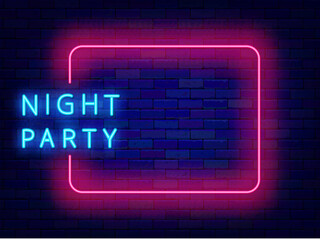 Night party neon announcement. Dance show invitation. Empty pink frame and typography. Shiny promotion. Evening event. Copy space. Editing text. Vector stock illustration