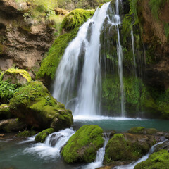 Fototapeta premium Natural waterfall with rocks and green moss