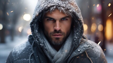 Frosty Stare: Intense Young Man in Snowy Winter Evening