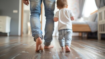 Man and Child Walking on Hardwood Floor
