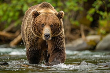 Obraz premium A grizzly bear fishes for salmon in a rushing river.
