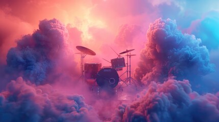 Dreamy Drum Set Amidst Ethereal Clouds in Vibrant Pink and Blue Hues