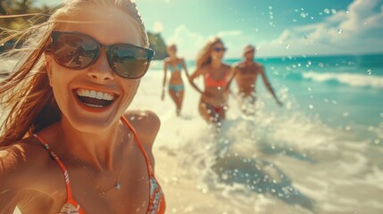 Woman with a wide smile running on a beach with friends, capturing the essence of summer fun - Powered by Adobe