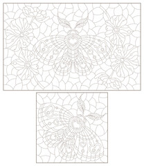 A set of contour illustrations in the style of stained glass with a cute moths, dark outlines on a white background
