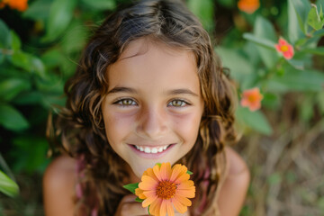 Naklejka premium Cute smiling girl holds a flower. Generative AI