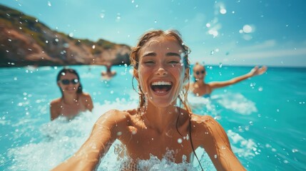 Vibrant image of a joyful woman splashing water in a pool, friends in the background enjoying