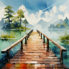 wooden pier with nature landscape, artful painting style illustration with grungy brush stroke texture - obrazy, fototapety, plakaty
