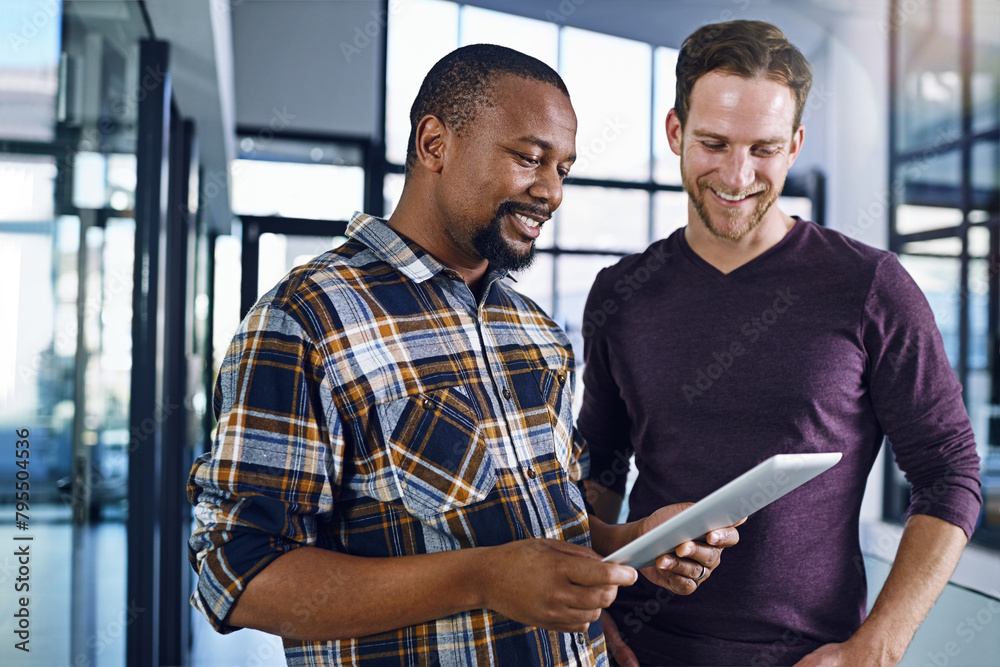 Poster business people, planning and teamwork on tablet in office for digital software results or update at