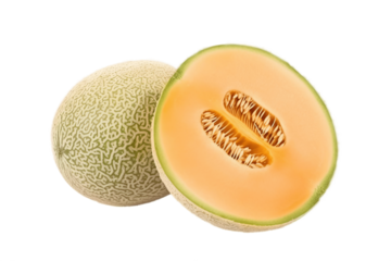 Fresh Cantaloupe Yubari King cut on a white background, macro. AI generated.