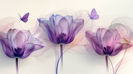 Elegance in Simplicity: Purple Tulips and Butterfly on White Background