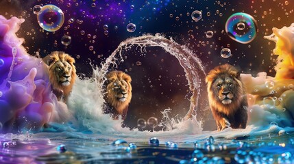 Amidst a gentle water splash, a majestic lion stands proud, its mane glistening with droplets. 