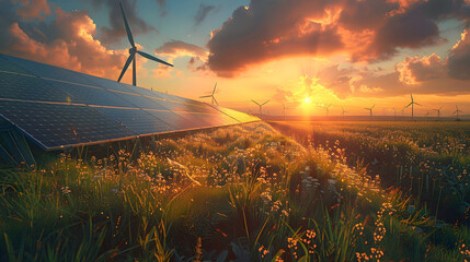 Solar panels and wind turbines generating clean energy on a sunny summer day. - obrazy, fototapety, plakaty