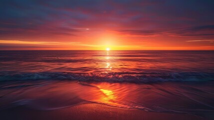 A beautiful sunset over the ocean. The sky is ablaze with color, and the waves are splashing gently on the shore.