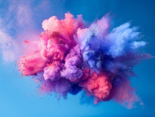 A blue, pink, and purple powder explosion on a blue background.
