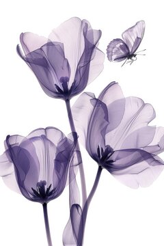 Elegance in Simplicity: Purple Tulips and Butterfly on White Background