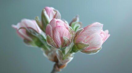 A close-up photograph of a cluster of pink and white flower buds against a pale blue background.