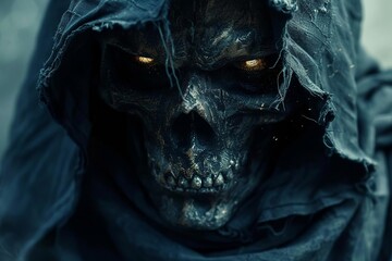 A dark, skeletal figure with glowing yellow eyes and a tattered black cloak. - obrazy, fototapety, plakaty
