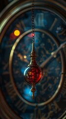 A golden pendulum with a red glass ball at the end of the chain swings in front of a large clock.