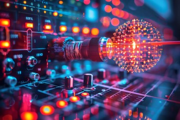 A glowing red and blue orb of light hovers over a soundboard.