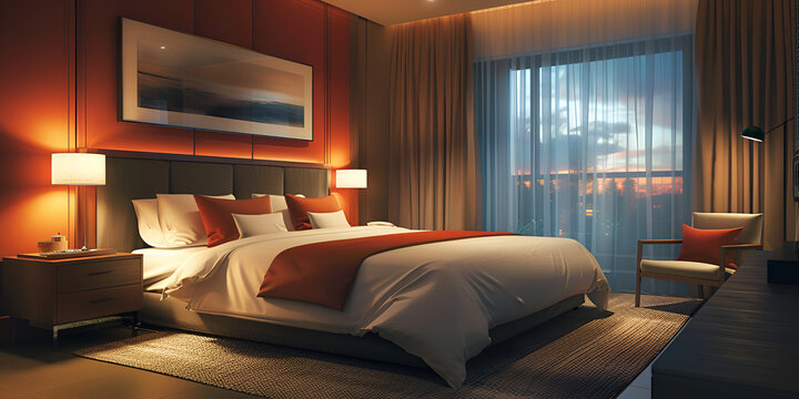 Modern hotel room with red colour walls interior design with beautiful background