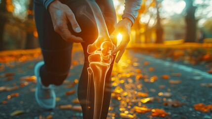 Blue-tinted 3D X-ray image showcasing the anatomy of a human knee joint, revealing medical details related to pain, injury, arthritis, and overall bone health