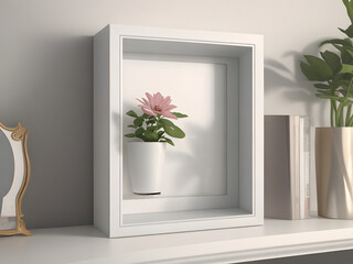 Mock up poster frame close up on shelf with decoration, 3d render