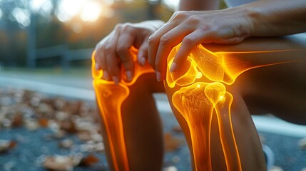 Blue-tinted 3D X-ray image showcasing the anatomy of a human knee joint, revealing medical details related to pain, injury, arthritis, and overall bone health