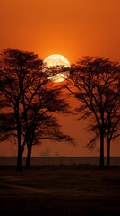 Fototapeta premium Harvest moon rising behind a silhouette of trees, no people, autumn evening, mystical and tranquil, night photography, avoid artificial lighting