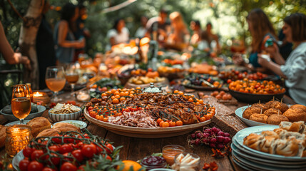 Fototapeta premium 7. Community Feast: Tables stretch as far as the eye can see, laden with an abundance of delectable dishes, as members of the community come together to share in a festive feast, t