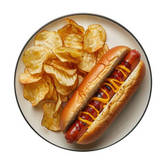 Delicious Plate of Hotdog with Mustard and Potato Chips Isolated on a Transparent Background 
