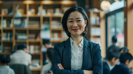 Fototapeta premium A smiling Asian female teacher standing in front of students, in a school classroom with bookshelves behind her. Teachers day. Back to school. Student day