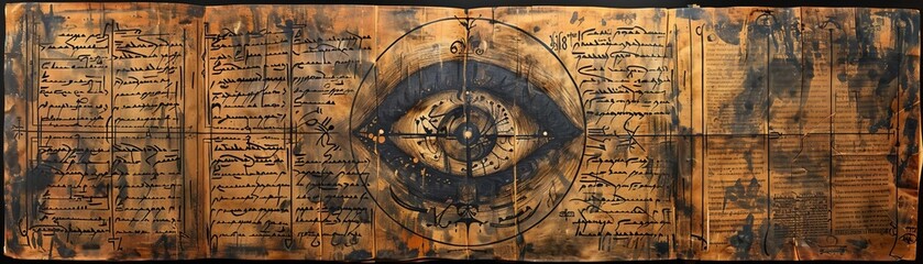 Fototapeta na wymiar An illustration of an all-seeing eye surrounded by Enochian script.