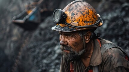 Fototapeta premium Dirty miner with helmet working in a coal mine in high resolution and high quality. concept of work, labor
