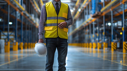 Engineer in formal attire walking down a warehouse aisle, carrying a safety helmet, symbolizing management and inspection