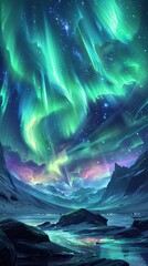 Fantasy landscape with aurora borealis in the night sky over mountains and river