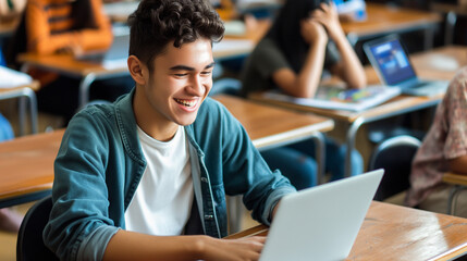 Garoto estudante feliz usando o leptop na sala de aula