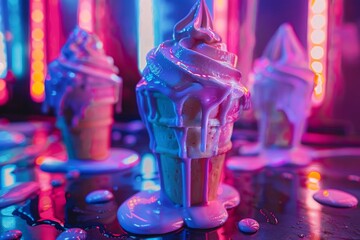 Ice cream cones with bright neon purple and blue lighting with a dark background.