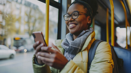 Mulher sorrindo usando o smartphone no transporte publico 