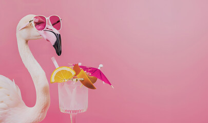 Flamingo With Sunglasses and cocktail. Generative AI