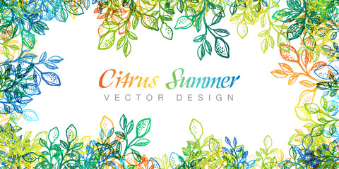 Obraz premium Decoration frame with copy space and branches with lemon fruits and colorful leaves. Summer vector banner.