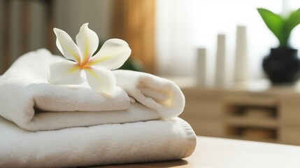  A white plumeria flower resting on a stack of white towels on a wooden surface 