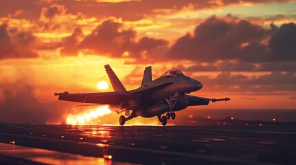 Closeup of a fighter jet taking off, afterburner glowing, from a military airbase at sunset, dramatic clouds in the sky - obrazy, fototapety, plakaty