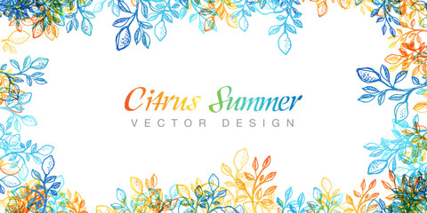 Decoration frame with copy space and branches with lemon fruits and colorful leaves. Summer vector banner.