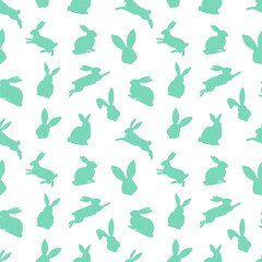 Fototapeta premium Easter seamless pattern of green rabbit silhouettes in different actions. Festive Easter bunnies design. Isolated on white background. For Easter decoration, wrapping paper, greeting, textile, print