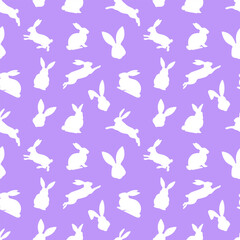 Easter seamless pattern of white rabbit silhouettes in different actions. Festive Easter bunnies design. Isolated on purple background. For Easter decoration, wrapping paper, greeting, textile, print