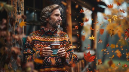 Senior Man in Colorful Sweater Enjoying Coffee Amid Falling Autumn Leaves in Ugly Sweater.