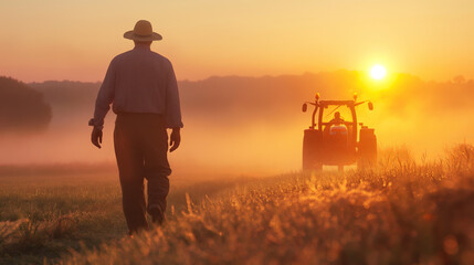 An early morning scene capturing a farmer in a hat approaching a tractor on a misty field