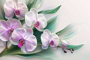 A bouquet of white and pink orchids with green leaves. The flowers are arranged in a way that they look like they are growing out of the leaves